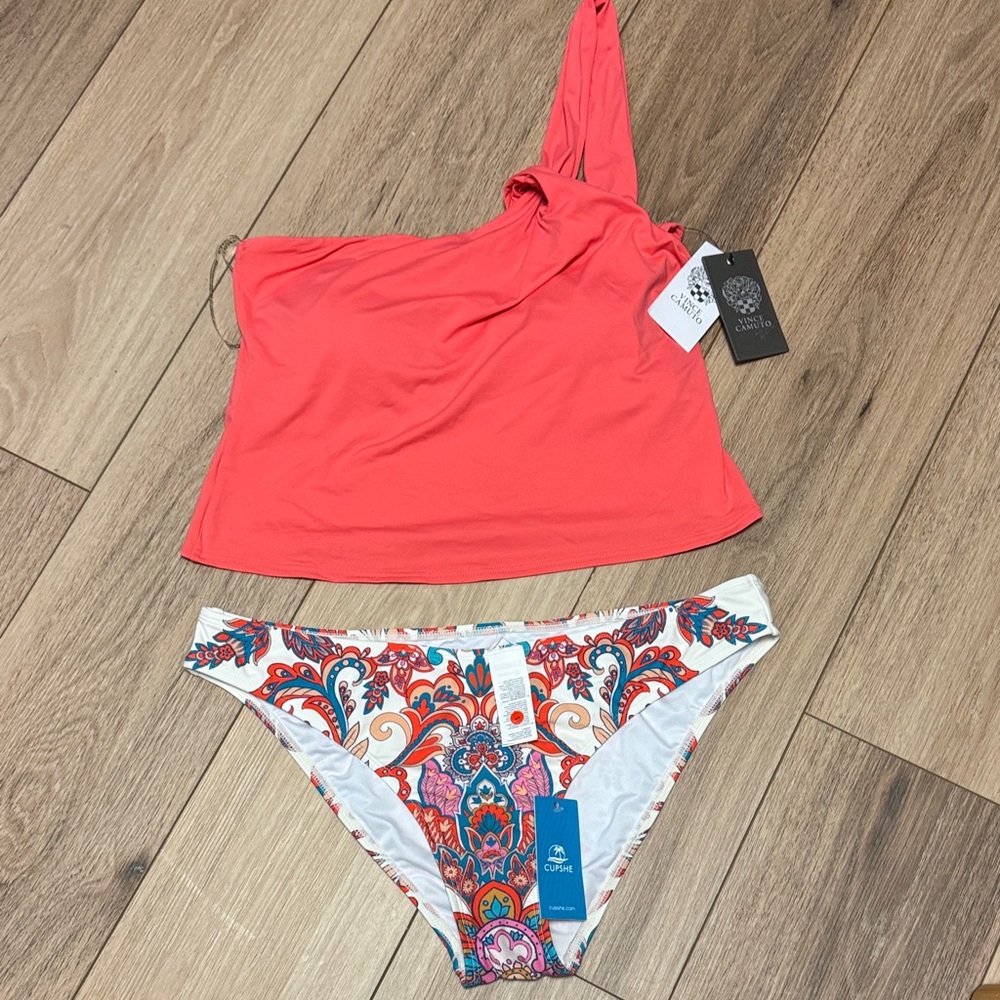 Vince Camuto NWT M Coral One-Shoulder CROP Bikini TOP CUPSHE NWT L PAISLEY BOTTO
